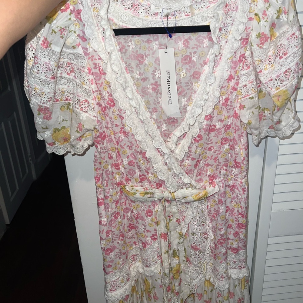 LoveShackFancy Pink and White Lace Dress